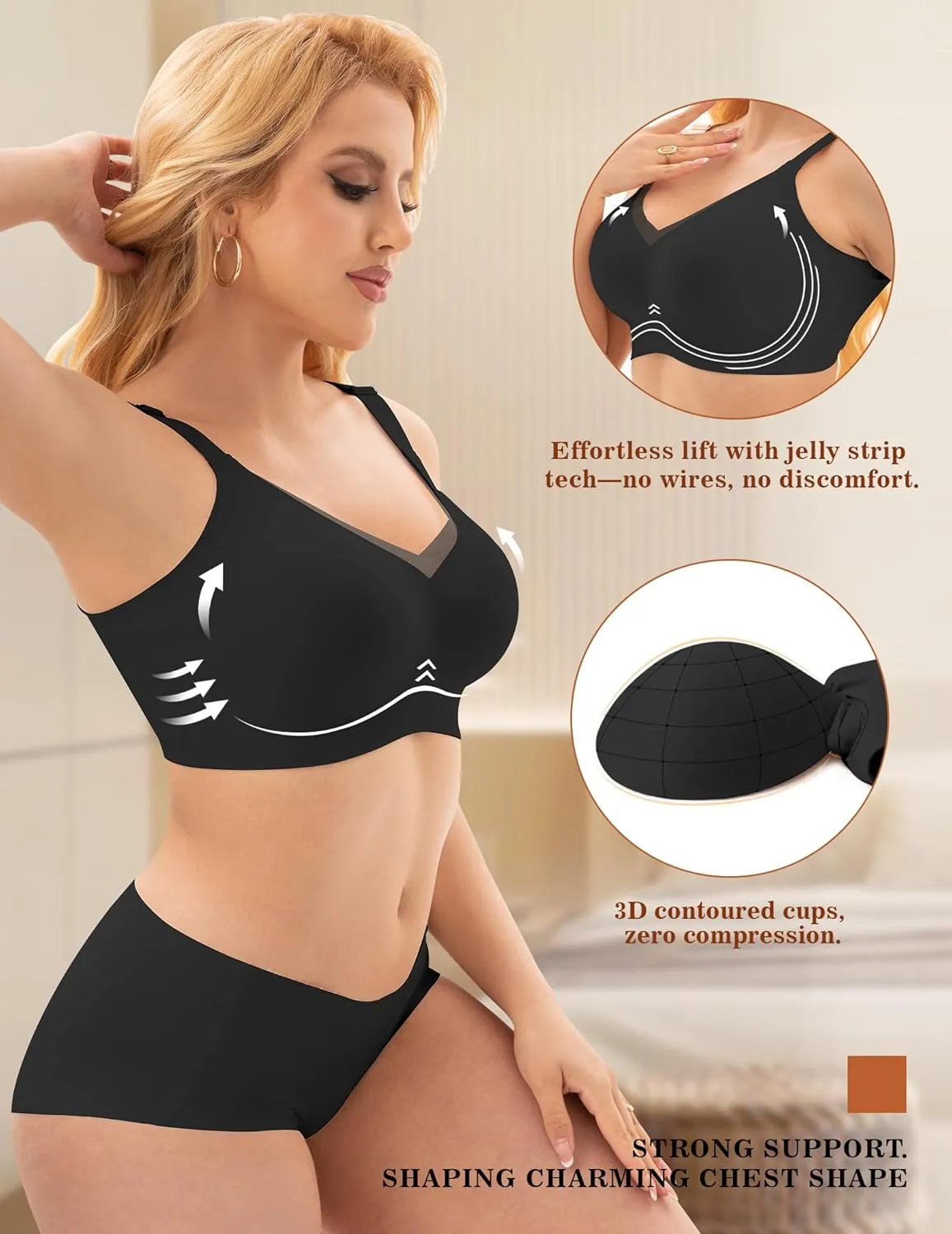 PoseFree Womens Wireless Bras Supportive Tshirt Bra No Underwire Seamless Push Up V Mesh Comfortable Bralette Everyday Bras