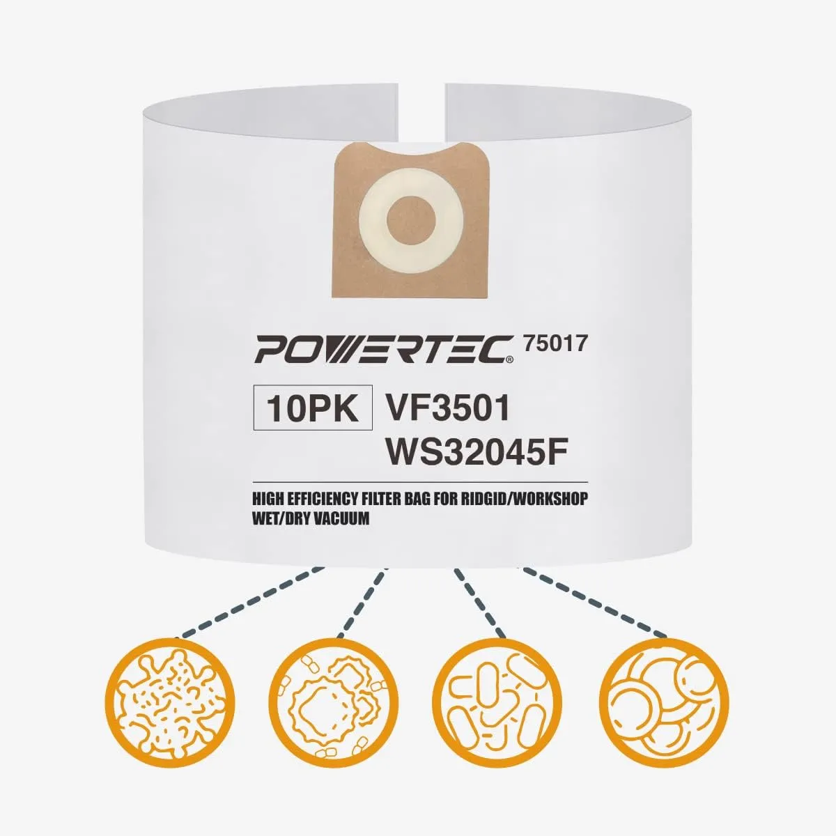 POWERTEC VF3501 Size C Shop Vac Bags for Ridgid 10 Pack, 3-4.5 Gal. 23738 Vacuum Bags for Ridgid 4000RV, WD40700 Wet Dry Vac (75017-P2)