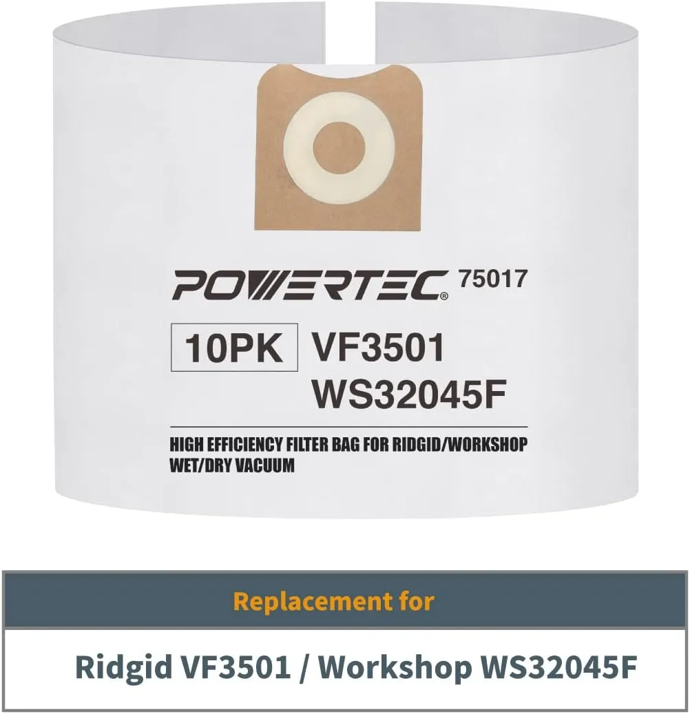 POWERTEC VF3501 Size C Shop Vac Bags for Ridgid 10 Pack, 3-4.5 Gal. 23738 Vacuum Bags for Ridgid 4000RV, WD40700 Wet Dry Vac (75017-P2)