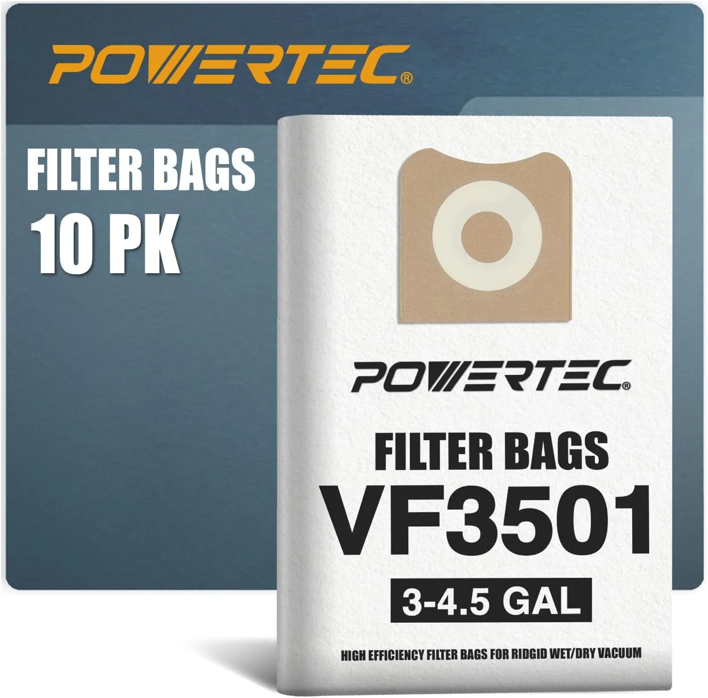 POWERTEC VF3501 Size C Shop Vac Bags for Ridgid 10 Pack, 3-4.5 Gal. 23738 Vacuum Bags for Ridgid 4000RV, WD40700 Wet Dry Vac (75017-P2)