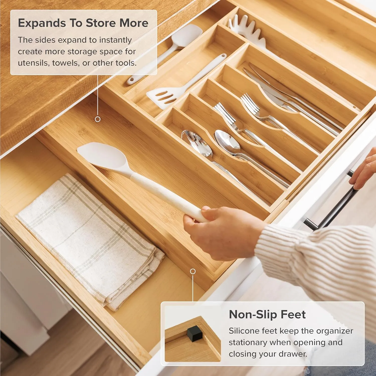 Premium Silverware, Flatware and Utensil Organizer for Kitchen Drawers, Food-Safe Contract Grade, Expandable from 14 to 25 In, Natural Bamboo