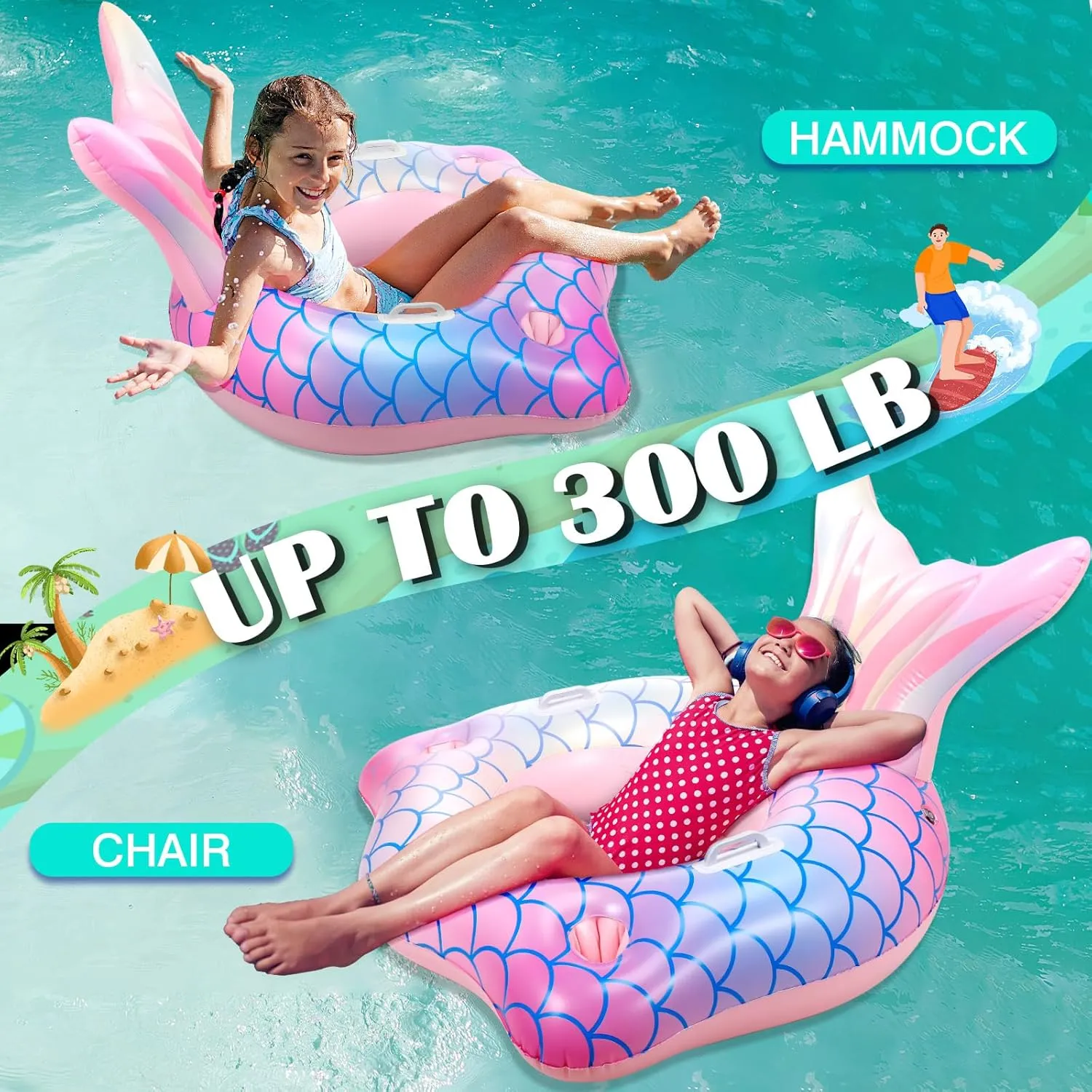 Premium Thickened Mermaid Pool Float for Kids & Adults - Large Inflatable Mermaid Tail Lounge Raft with Cup Holders, Backrest, Mesh Bottom and Handles Summer Water Fun Beach Party Swimming Pool Toys