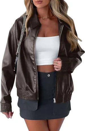 PRETTYGARDEN Women's Faux Leather Jackets 2025 Spring Bomber Jacket Zip Up Motorcycle Coats Long Sleeve Winter Clothes