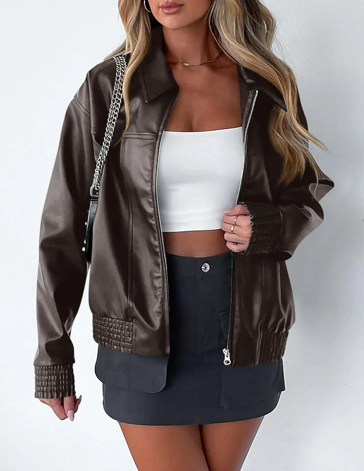 PRETTYGARDEN Women's Faux Leather Jackets 2025 Spring Bomber Jacket Zip Up Motorcycle Coats Long Sleeve Winter Clothes