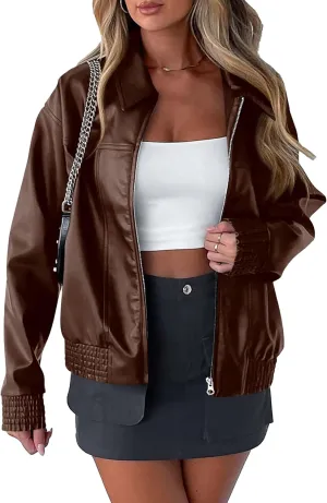 PRETTYGARDEN Women's Faux Leather Jackets 2025 Spring Bomber Jacket Zip Up Motorcycle Coats Long Sleeve Winter Clothes