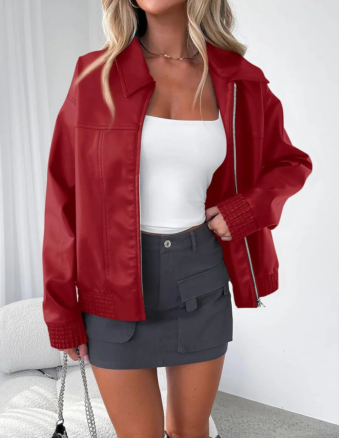 PRETTYGARDEN Women's Faux Leather Jackets 2025 Spring Bomber Jacket Zip Up Motorcycle Coats Long Sleeve Winter Clothes