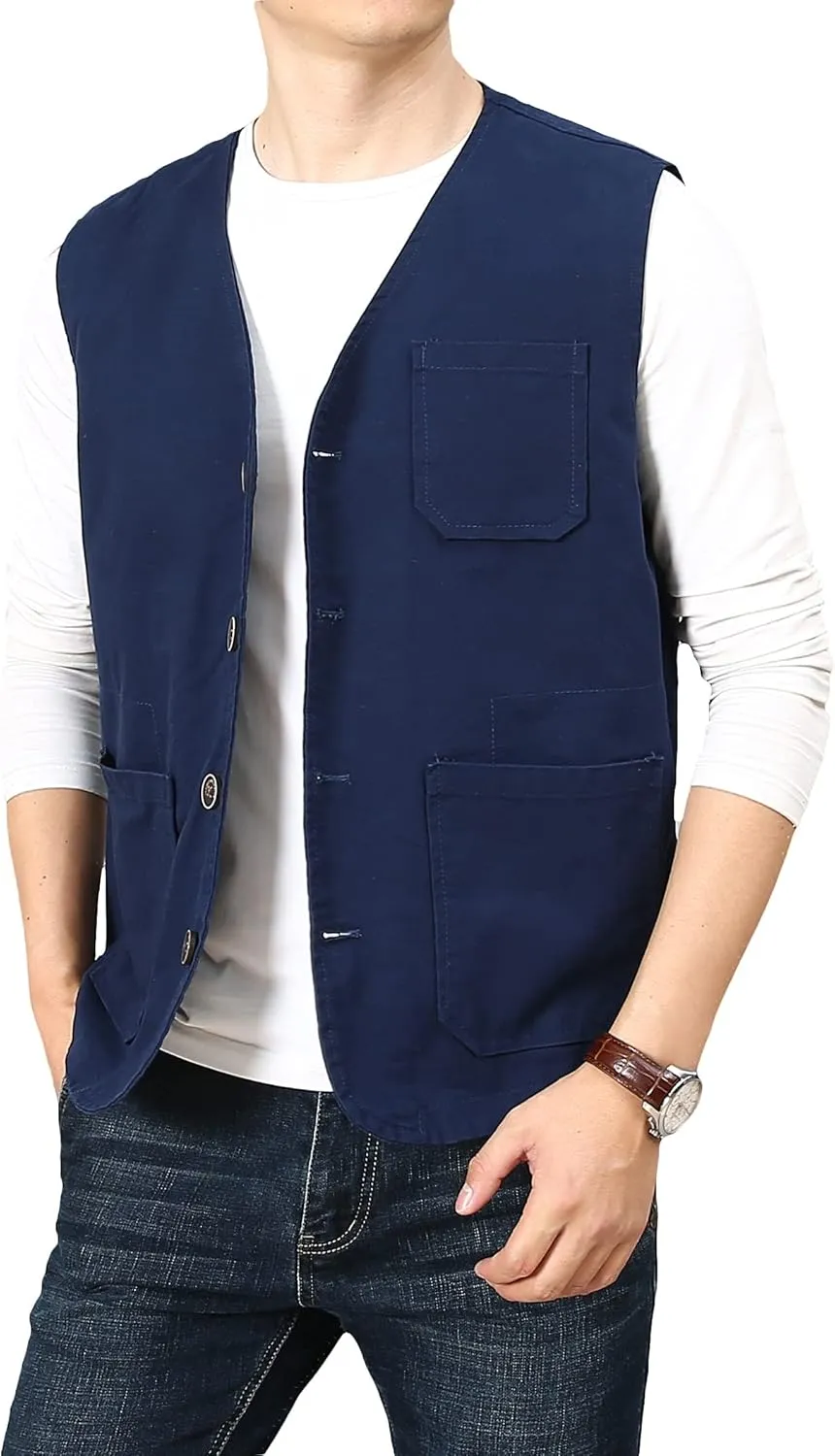 PRIJOUHE Men's Casual Outdoor Cotton Vest Lightweight Breathable Multi-Pocket Fishing Safari Travel Vests Outwear