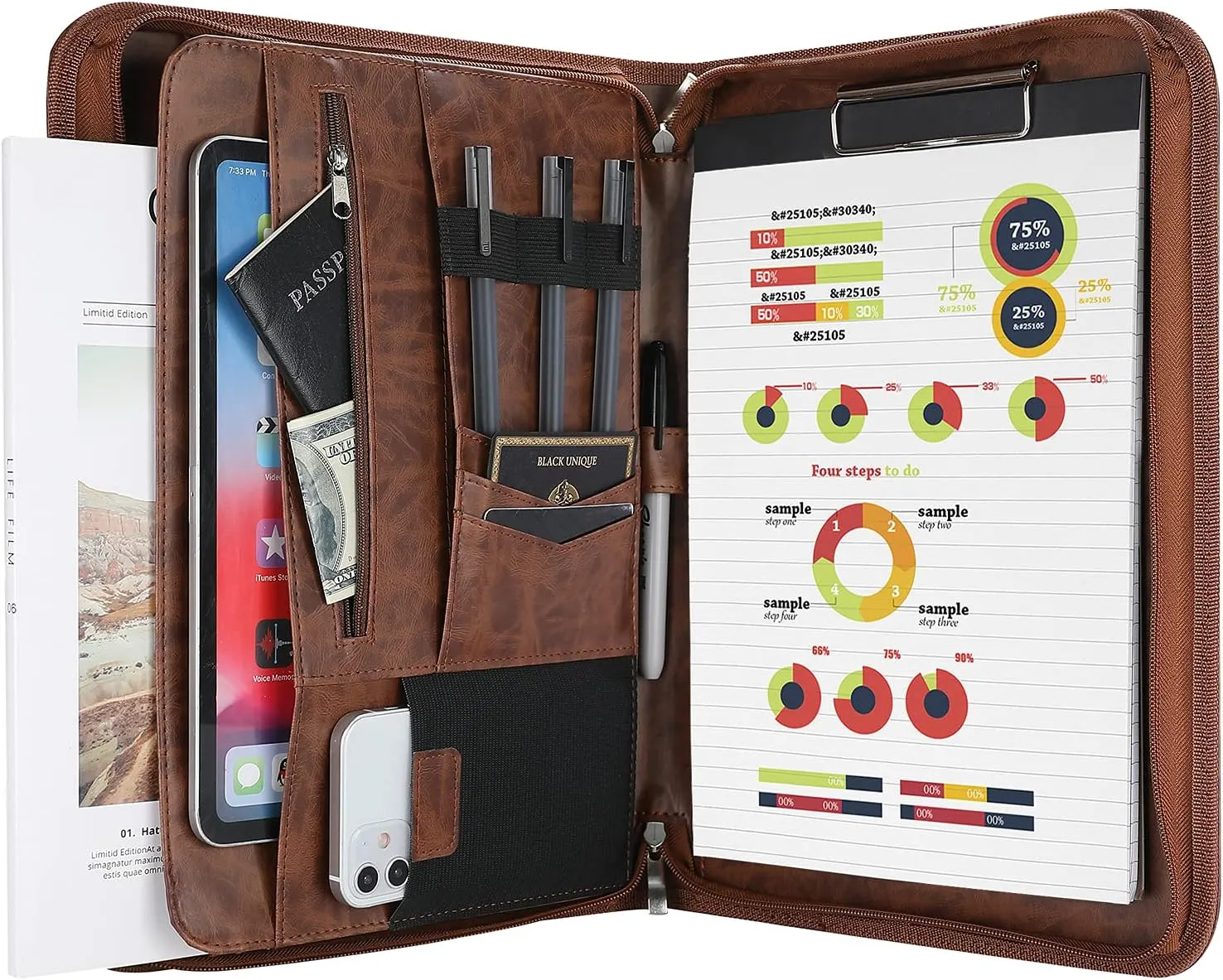 ProCase Portfolio Business Padfolio Folder with Zipper, Conference Meeting Executive File Legal Document Organizer with Pockets Letter Size A4 Writing Pad Notepad Padfolio for Father's Day Gift -Brown