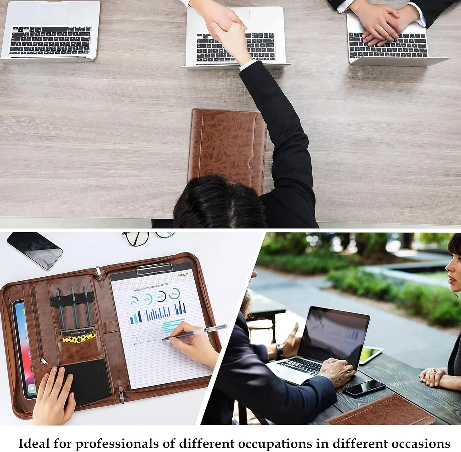 ProCase Portfolio Business Padfolio Folder with Zipper, Conference Meeting Executive File Legal Document Organizer with Pockets Letter Size A4 Writing Pad Notepad Padfolio for Father's Day Gift -Brown