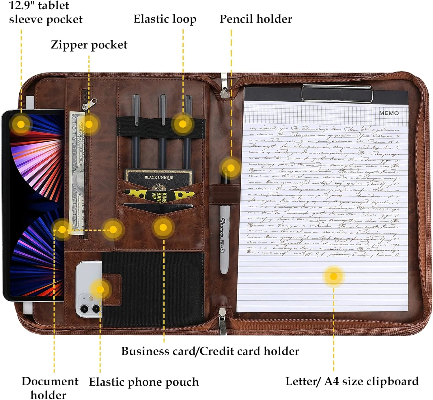 ProCase Portfolio Business Padfolio Folder with Zipper, Conference Meeting Executive File Legal Document Organizer with Pockets Letter Size A4 Writing Pad Notepad Padfolio for Father's Day Gift -Brown
