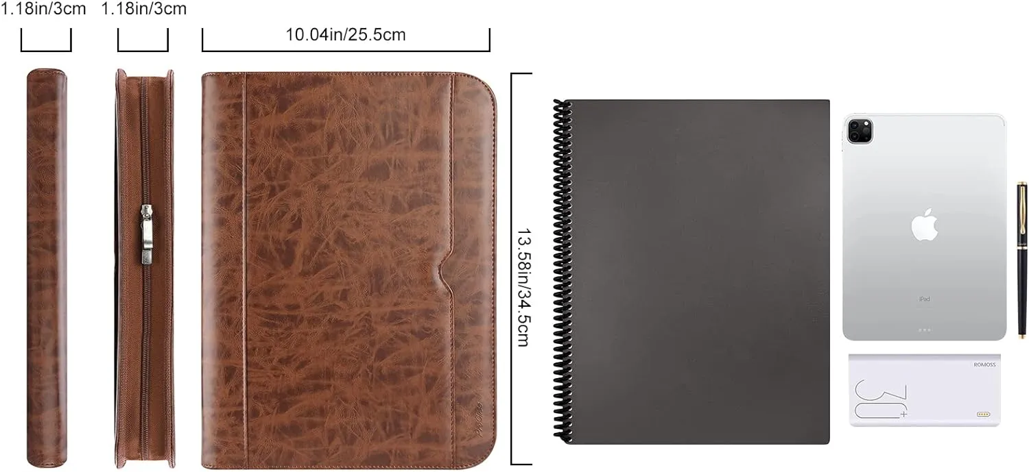 ProCase Portfolio Business Padfolio Folder with Zipper, Conference Meeting Executive File Legal Document Organizer with Pockets Letter Size A4 Writing Pad Notepad Padfolio for Father's Day Gift -Brown