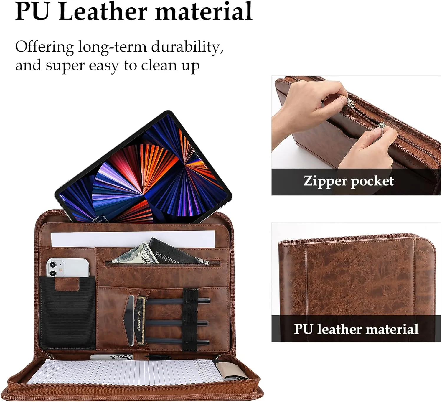 ProCase Portfolio Business Padfolio Folder with Zipper, Conference Meeting Executive File Legal Document Organizer with Pockets Letter Size A4 Writing Pad Notepad Padfolio for Father's Day Gift -Brown