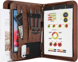 ProCase Portfolio Business Padfolio Folder with Zipper, Conference Meeting Executive File Legal Document Organizer with Pockets Letter Size A4 Writing Pad Notepad Padfolio for Father's Day Gift -Brown