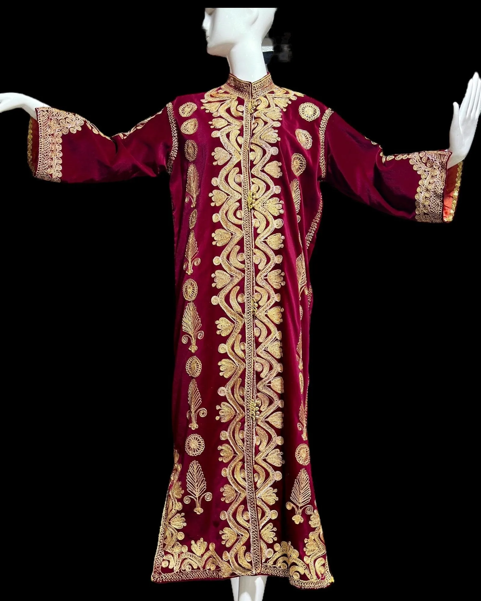 PROFILS du MONDE vintage Moroccan caftan kaftan,  1960s evening coat dress, Beverly Hills Ruby Red velvet gold metallic button front