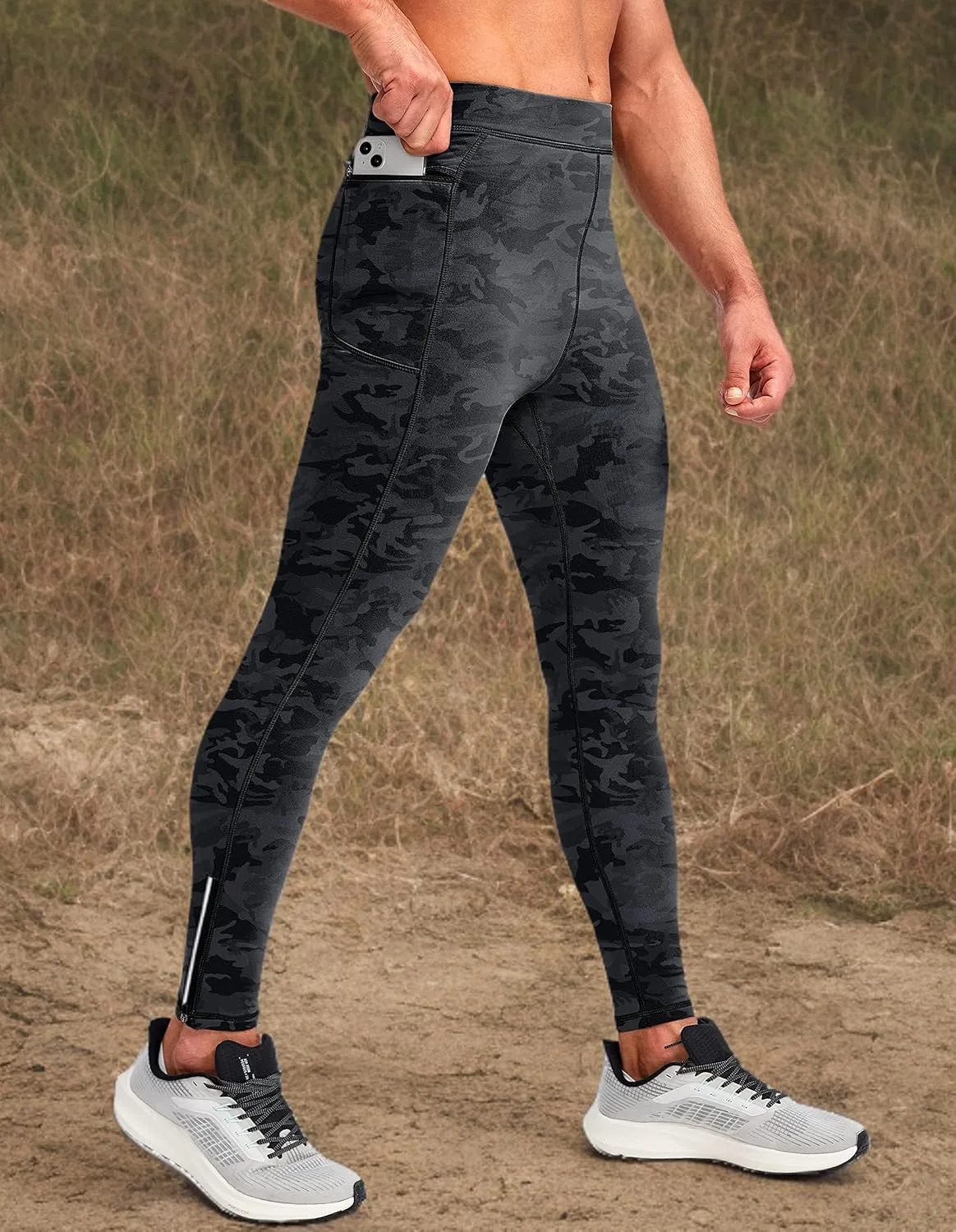 Pudolla Men's Thermal Running Tights with 3 Zipper Pockets Workout Compression Leggings Cycling Pants for Men Hiking Jogging