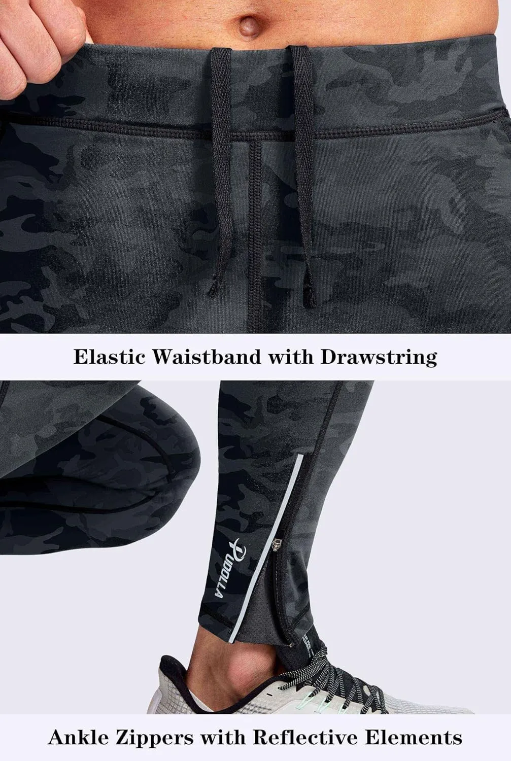 Pudolla Men's Thermal Running Tights with 3 Zipper Pockets Workout Compression Leggings Cycling Pants for Men Hiking Jogging