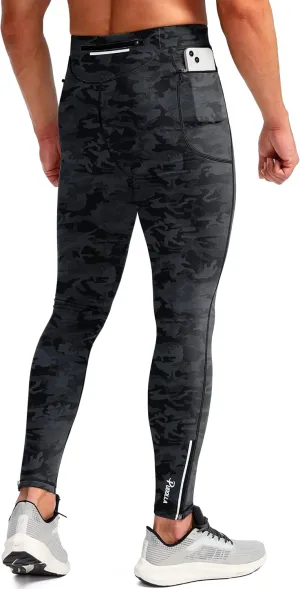 Pudolla Men's Thermal Running Tights with 3 Zipper Pockets Workout Compression Leggings Cycling Pants for Men Hiking Jogging