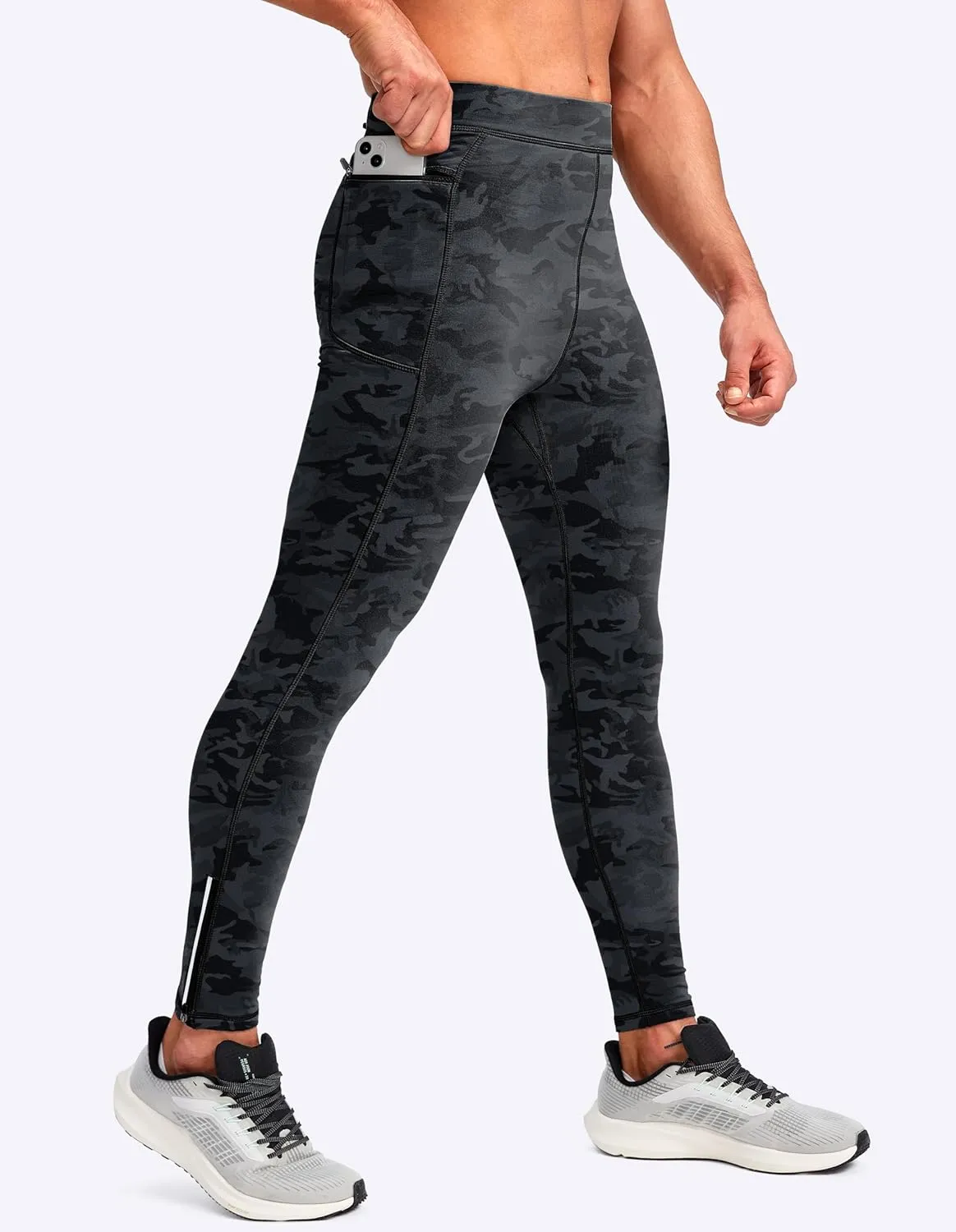 Pudolla Men's Thermal Running Tights with 3 Zipper Pockets Workout Compression Leggings Cycling Pants for Men Hiking Jogging