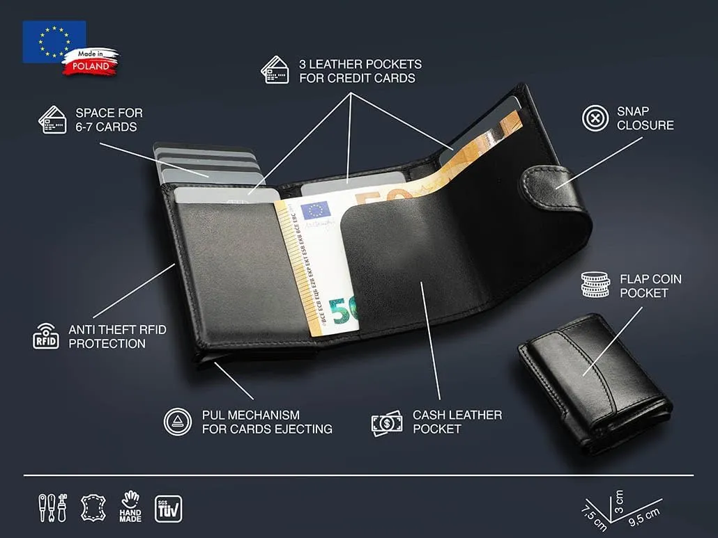 pularys Mini Wallet LONDON - Credit Card Holder Made of Italian Leather - RFID blocking - Up to 9 Card Slots - Coin Pocket - For Men and Women - Classic Design