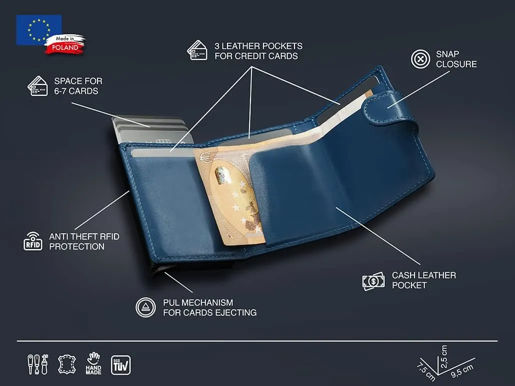 PULARYS Mini Wallet SOLO- Credit Card Holder Made of Italian Leather - RFID blocking - Up to 9 Card Slots - Coin Pocket - For Men and Women - Classic Design