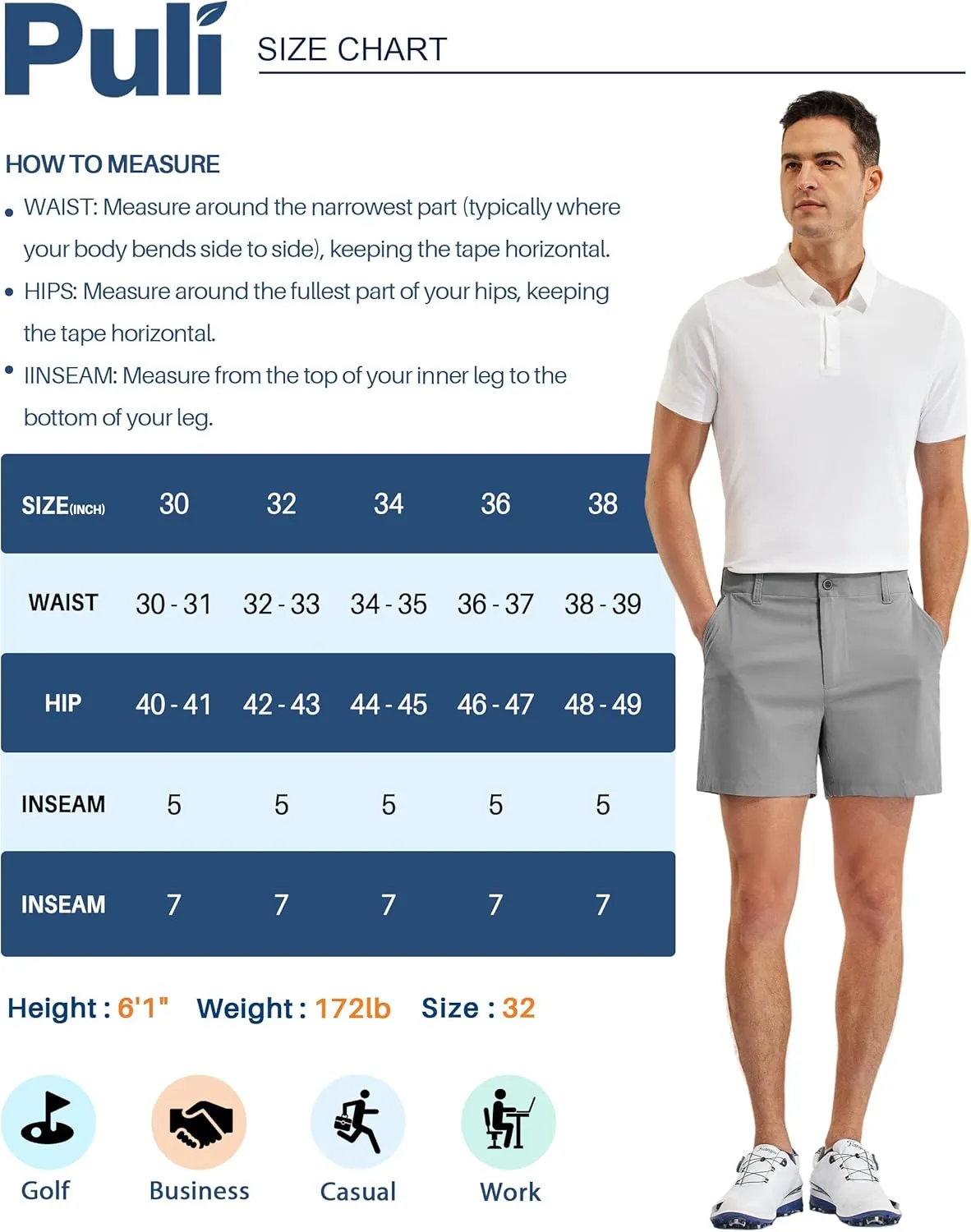 PULI Golf Shorts Men Relaxed Fit Stretch Dress Lightweight Casual Waterproof Travel Quick Dry Summer Shorts 5 Inch Inseam