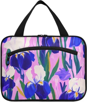Purple and White Iris Flowers hanging cosmetic bags for women with hook, designer compact cosmetic makeup bag for mom travel bolso de para mujer L