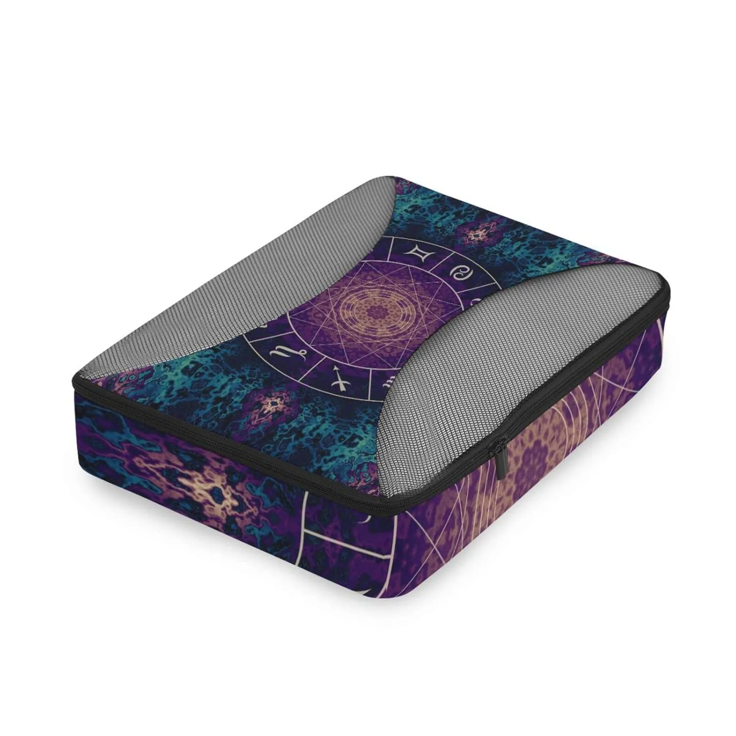 Purple Magic Circle with Zodiacs Sign on Abstract Mystic 4 Set Packing Cubes, Travel Packing Organizers, 600D Oxford Cloth Toiletry Storage Bag, Luggage Mesh Bags for Accessories