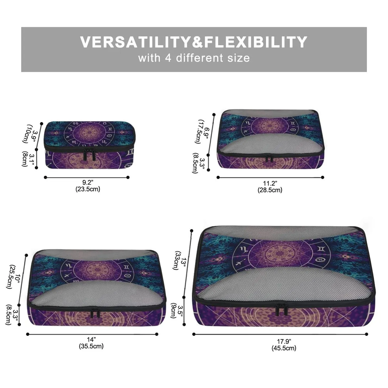 Purple Magic Circle with Zodiacs Sign on Abstract Mystic 4 Set Packing Cubes, Travel Packing Organizers, 600D Oxford Cloth Toiletry Storage Bag, Luggage Mesh Bags for Accessories
