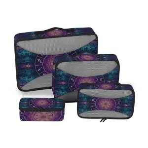 Purple Magic Circle with Zodiacs Sign on Abstract Mystic 4 Set Packing Cubes, Travel Packing Organizers, 600D Oxford Cloth Toiletry Storage Bag, Luggage Mesh Bags for Accessories
