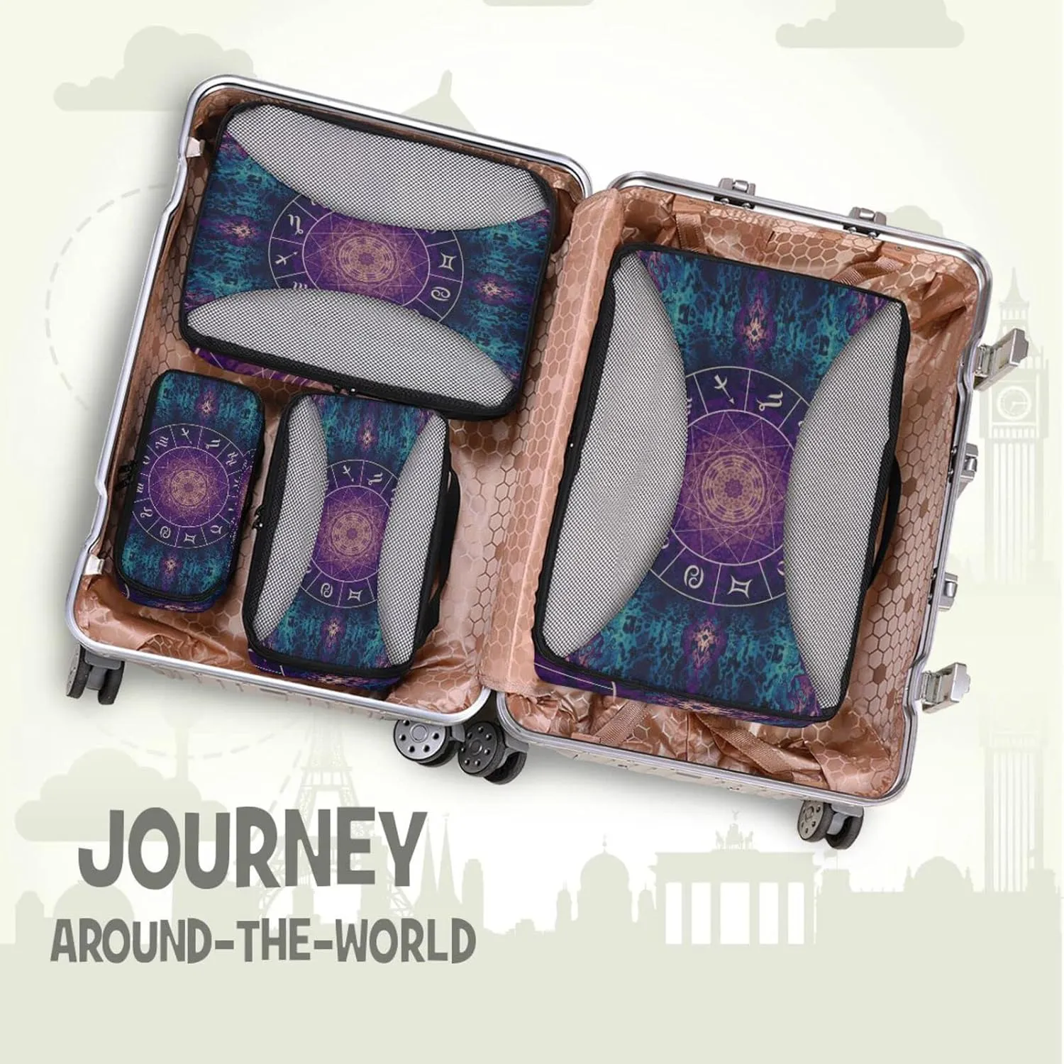 Purple Magic Circle with Zodiacs Sign on Abstract Mystic 4 Set Packing Cubes, Travel Packing Organizers, 600D Oxford Cloth Toiletry Storage Bag, Luggage Mesh Bags for Accessories
