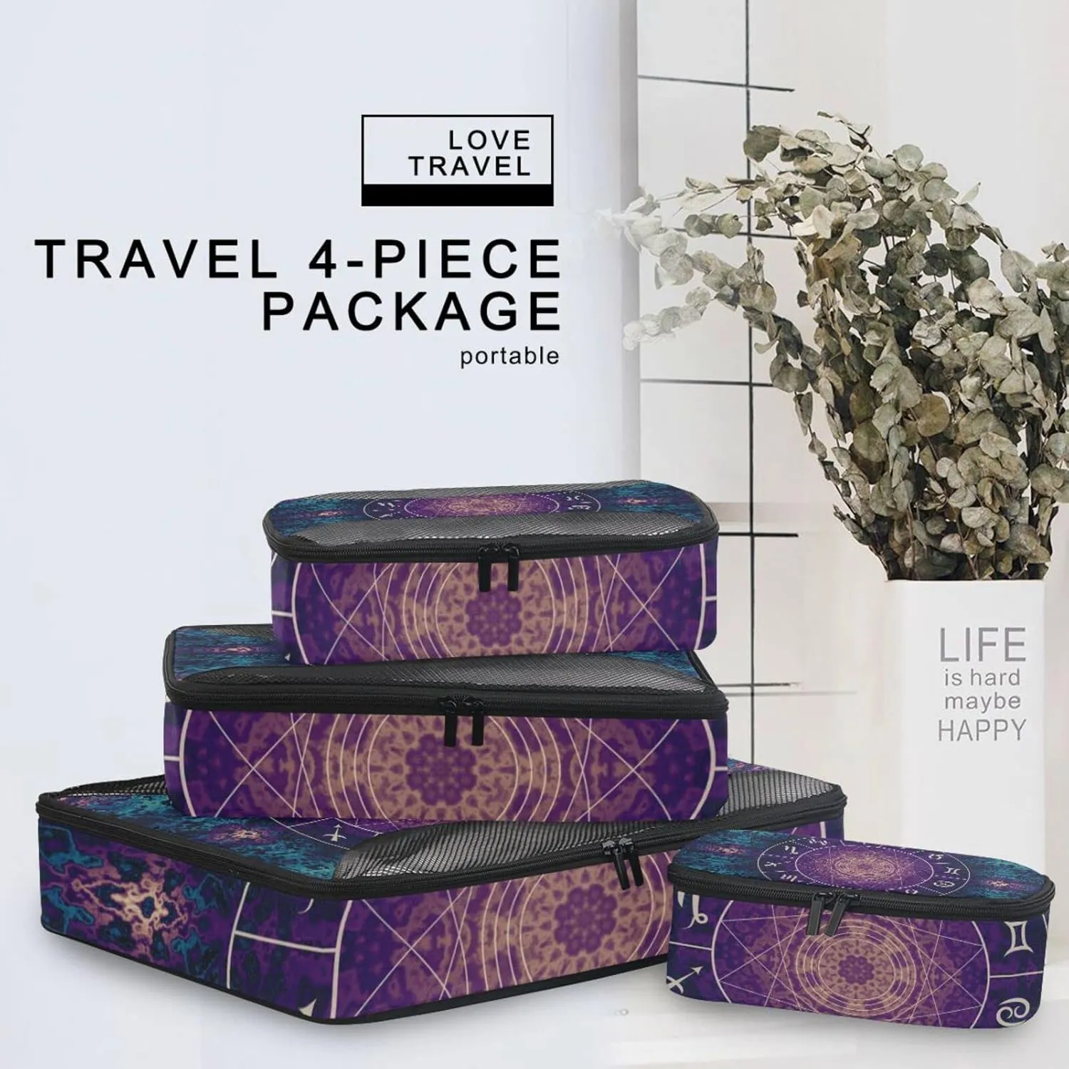 Purple Magic Circle with Zodiacs Sign on Abstract Mystic 4 Set Packing Cubes, Travel Packing Organizers, 600D Oxford Cloth Toiletry Storage Bag, Luggage Mesh Bags for Accessories