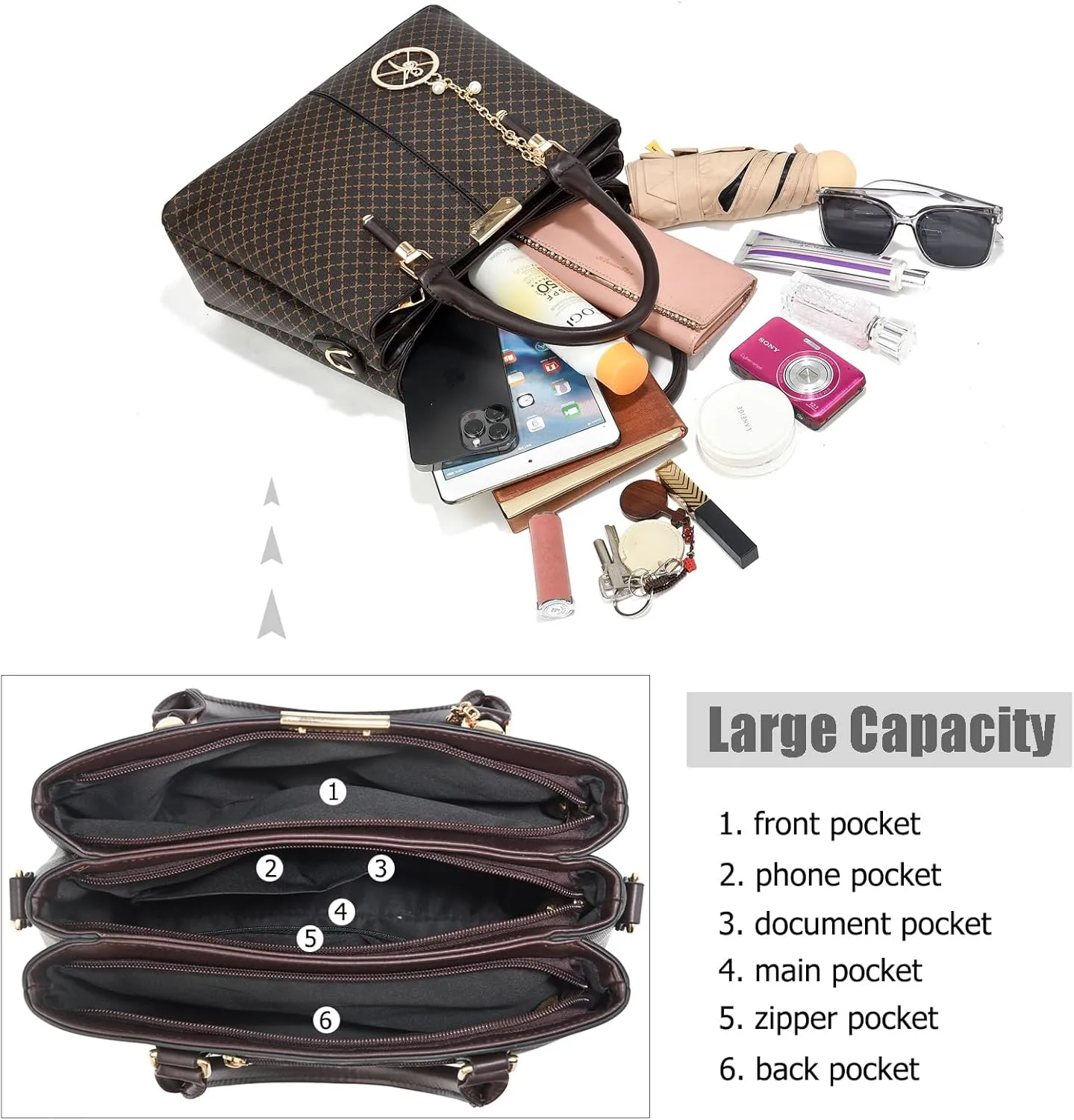 Purse and Handbags for Women, 3 Zip Compartments Tote Bag Designer Shoulder Purse Top Handle Satchel Bags