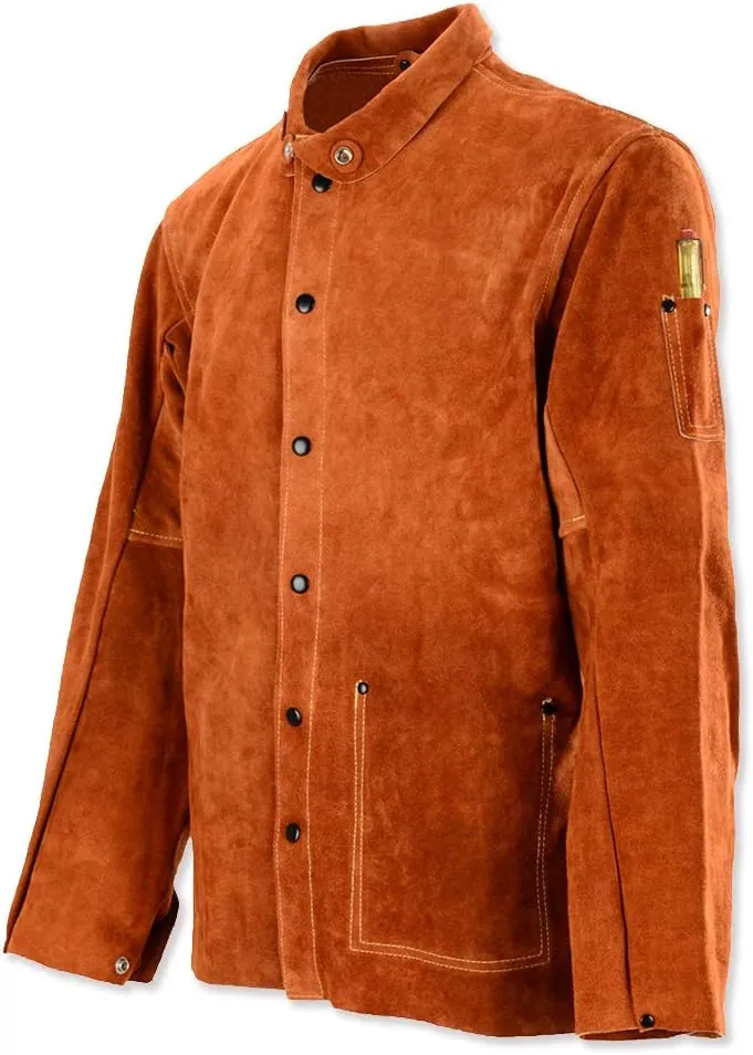 QeeLink Leather Welding Jacket - Flame-Resistant Heavy Duty Work Welder Jackets - Split Cowhide Welding Coat for Men Women