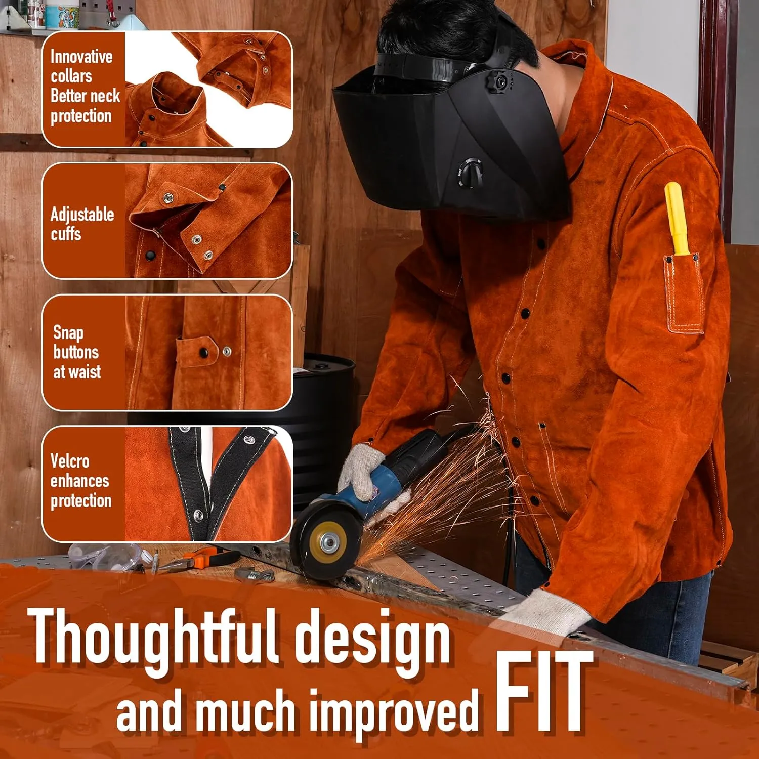 QeeLink Leather Welding Jacket - Flame-Resistant Heavy Duty Work Welder Jackets - Split Cowhide Welding Coat for Men Women