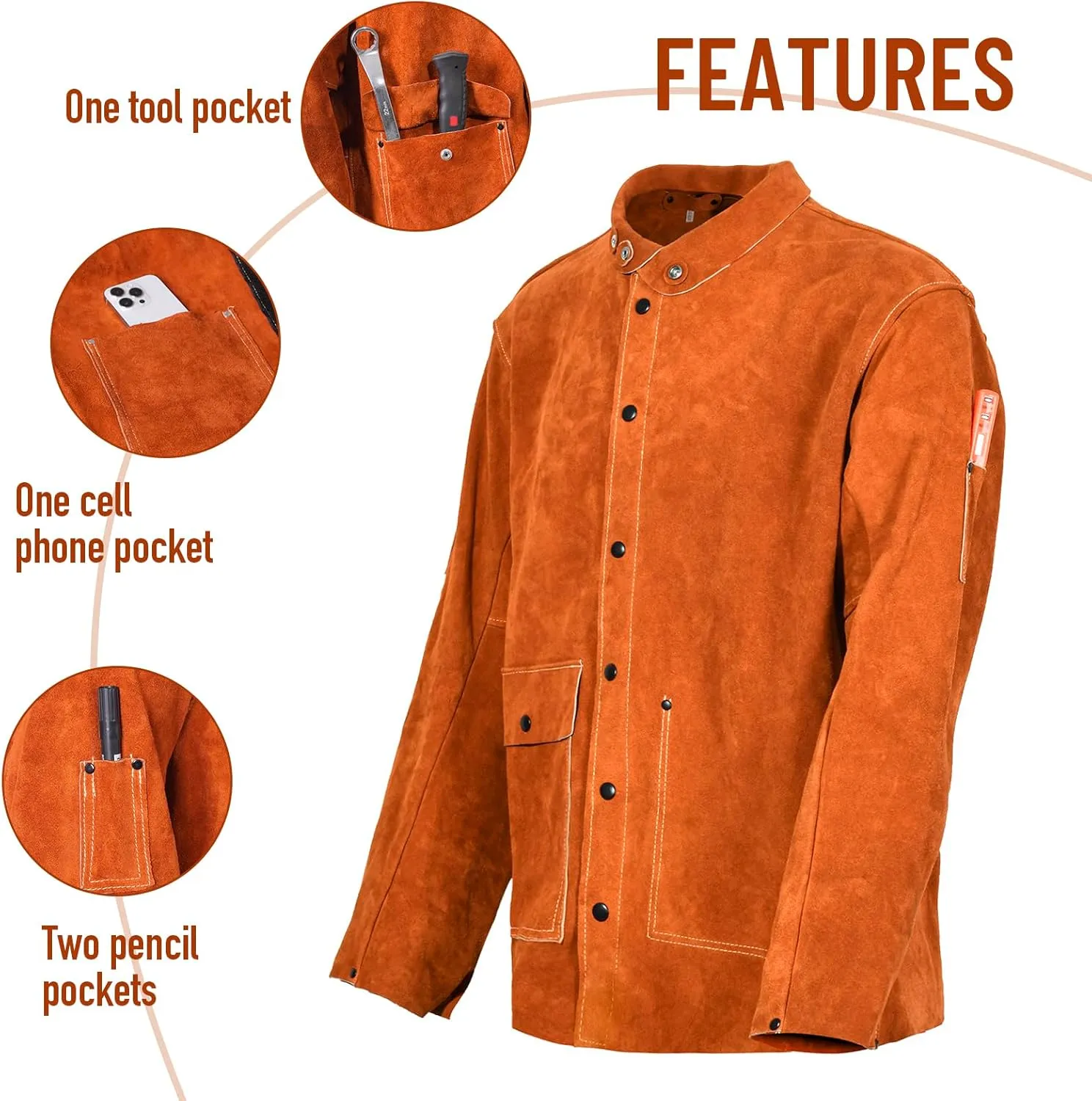 QeeLink Leather Welding Jacket - Flame-Resistant Heavy Duty Work Welder Jackets - Split Cowhide Welding Coat for Men Women