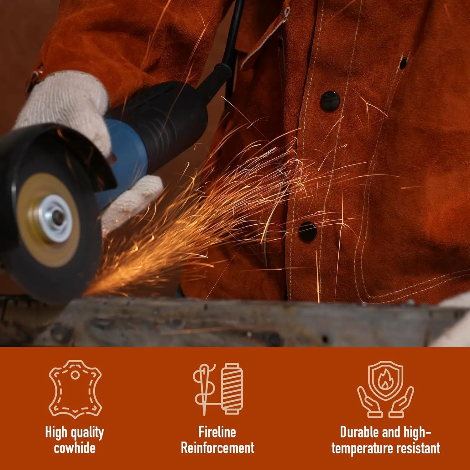 QeeLink Leather Welding Jacket - Flame-Resistant Heavy Duty Work Welder Jackets - Split Cowhide Welding Coat for Men Women