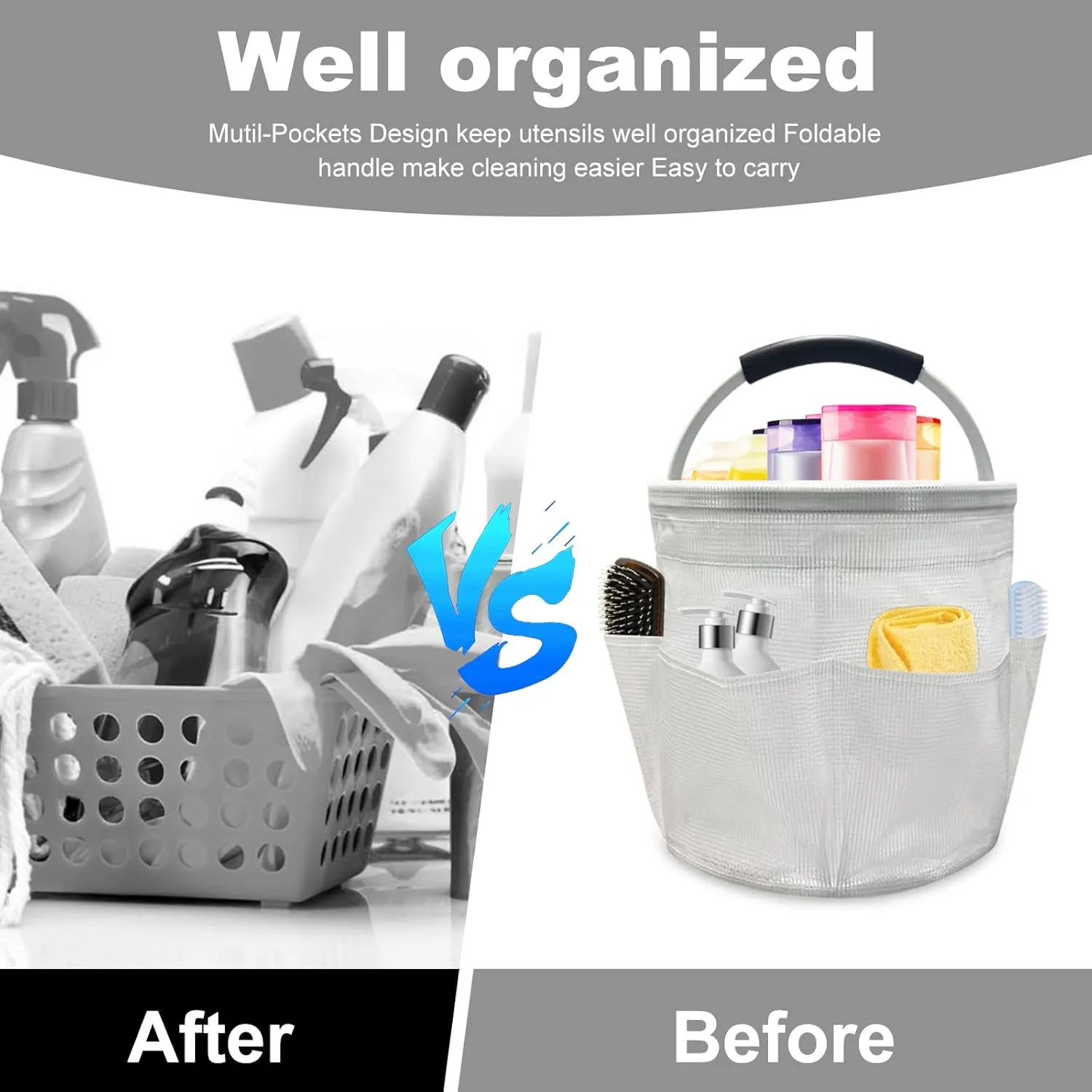 Qivine 17L Cleaning Caddy with Handle, Cleaning Supply Caddy Foldable Cleaning Caddy Cleaning Products Organizers Portable Cleaning Bucket Organiser for Storing Towels (Clear)