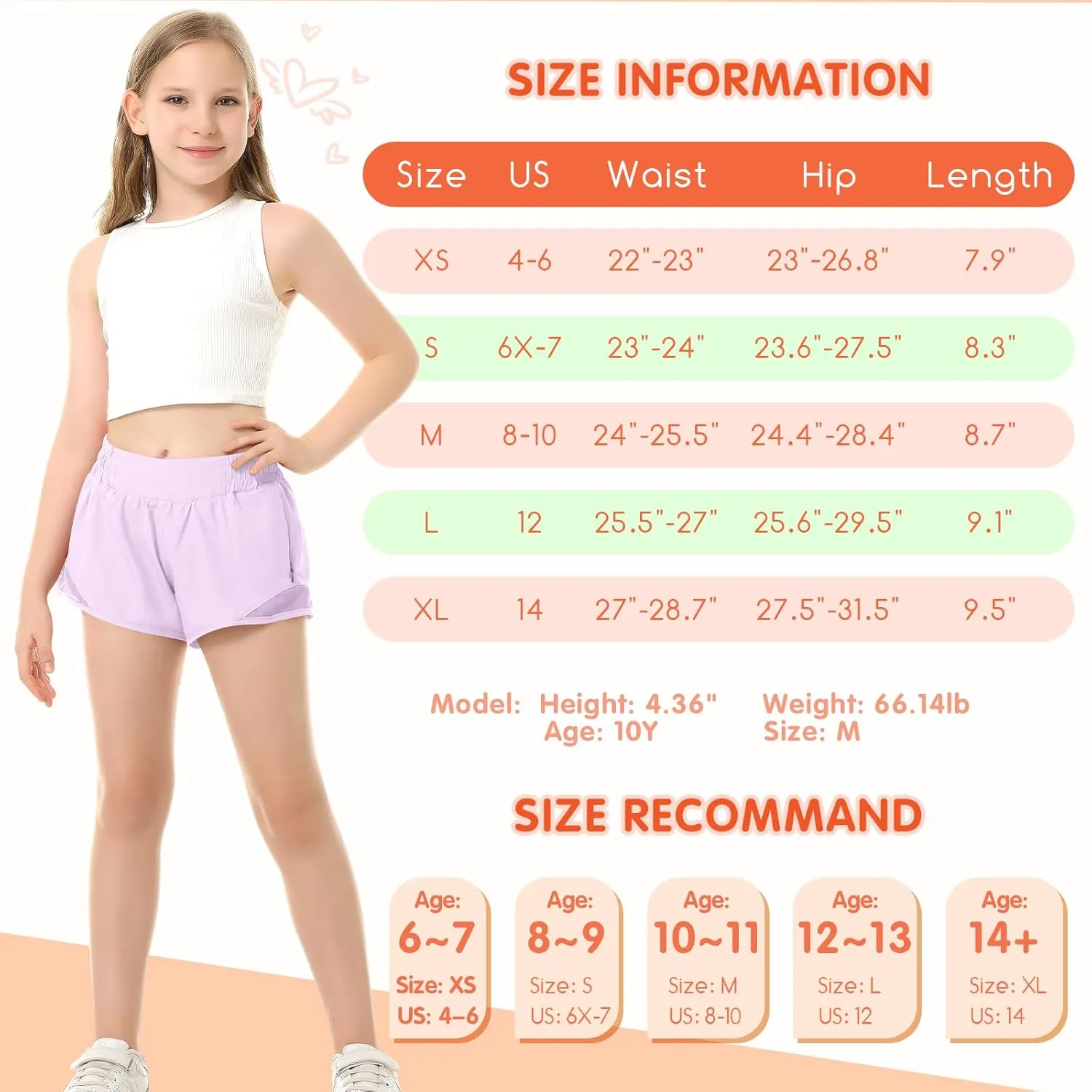 QooNoo Girls Athletic Shorts with Zipper Pocket Lightweight Elastic Waist Running Shorts for Teen Girls Kids Active Sports