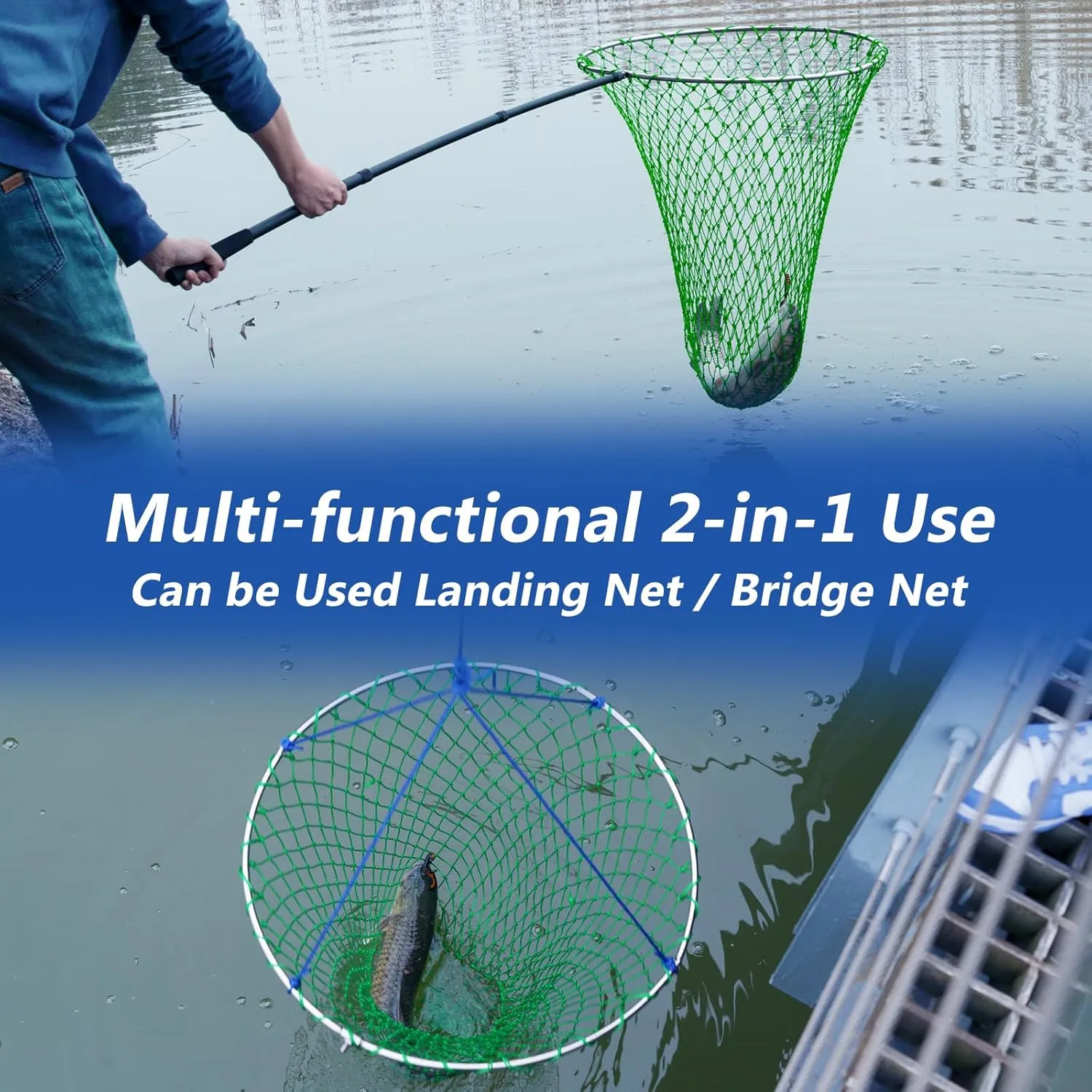 QualyQualy Upgrated Foldable Bridge and Pier Fishing Net, Drop Net Rust-Proof Stainless Steel Ring Landing Fish Net for Saltwater Freshwater Kayak Fishing, Portable Poly Mesh Basket 23" x 32"