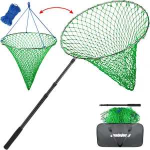 QualyQualy Upgrated Foldable Bridge and Pier Fishing Net, Drop Net Rust-Proof Stainless Steel Ring Landing Fish Net for Saltwater Freshwater Kayak Fishing, Portable Poly Mesh Basket 23" x 32"