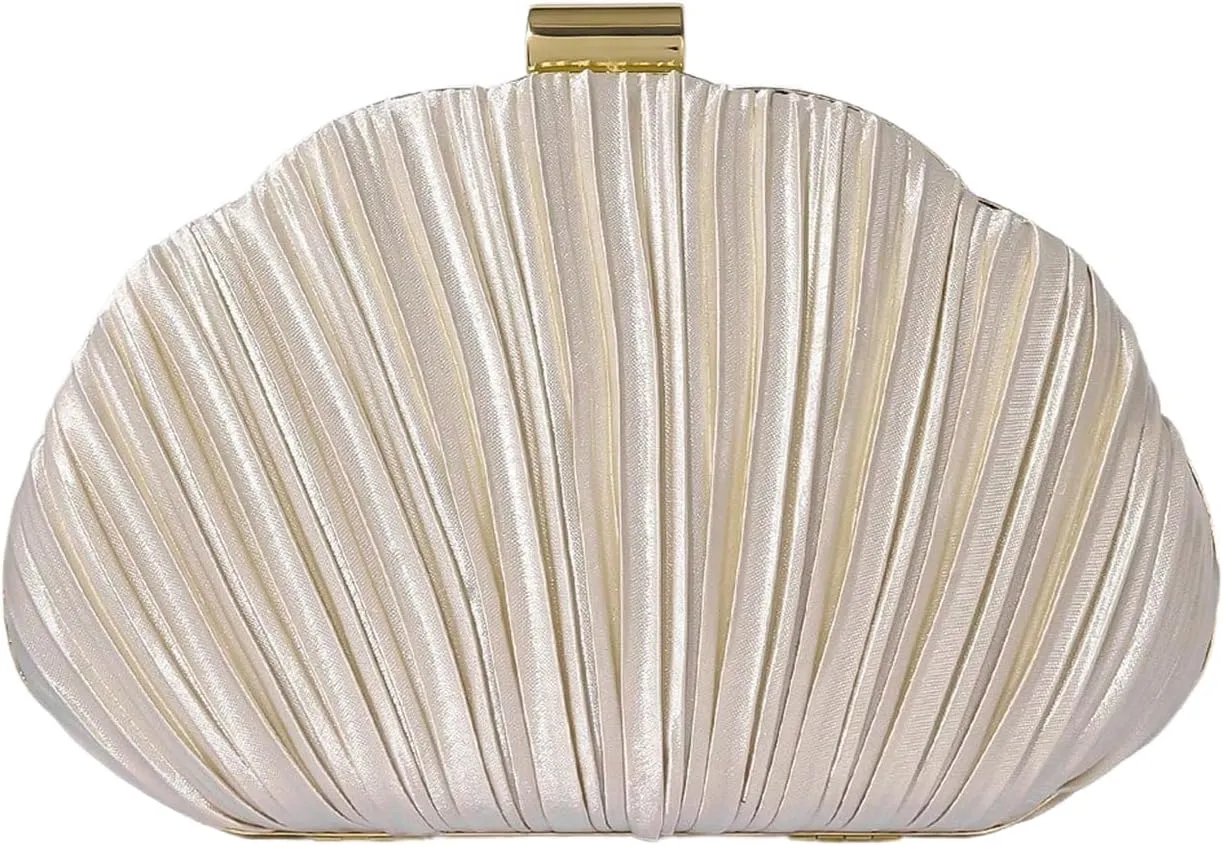 QWINEE Women's Shell Shaped Clutch Purse Ruched Mini Crossbody Bag Elegant Evening Handbag with Chain Strap