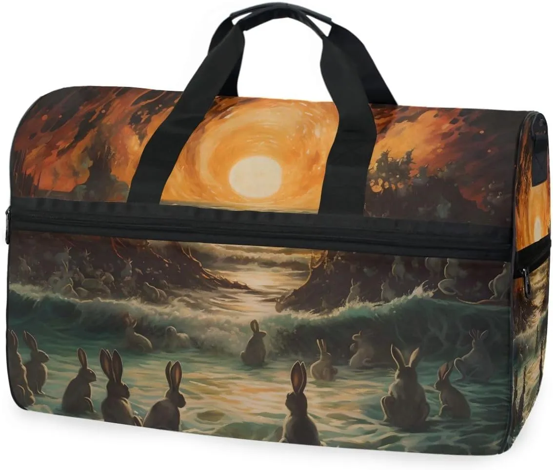 Rabbit Sunset Travel Duffel Bag Luggage Sports Gym Bags With Shoes Compartment Large Capacity Lightweight Duffle Bag For Men Women