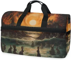 Rabbit Sunset Travel Duffel Bag Luggage Sports Gym Bags With Shoes Compartment Large Capacity Lightweight Duffle Bag For Men Women