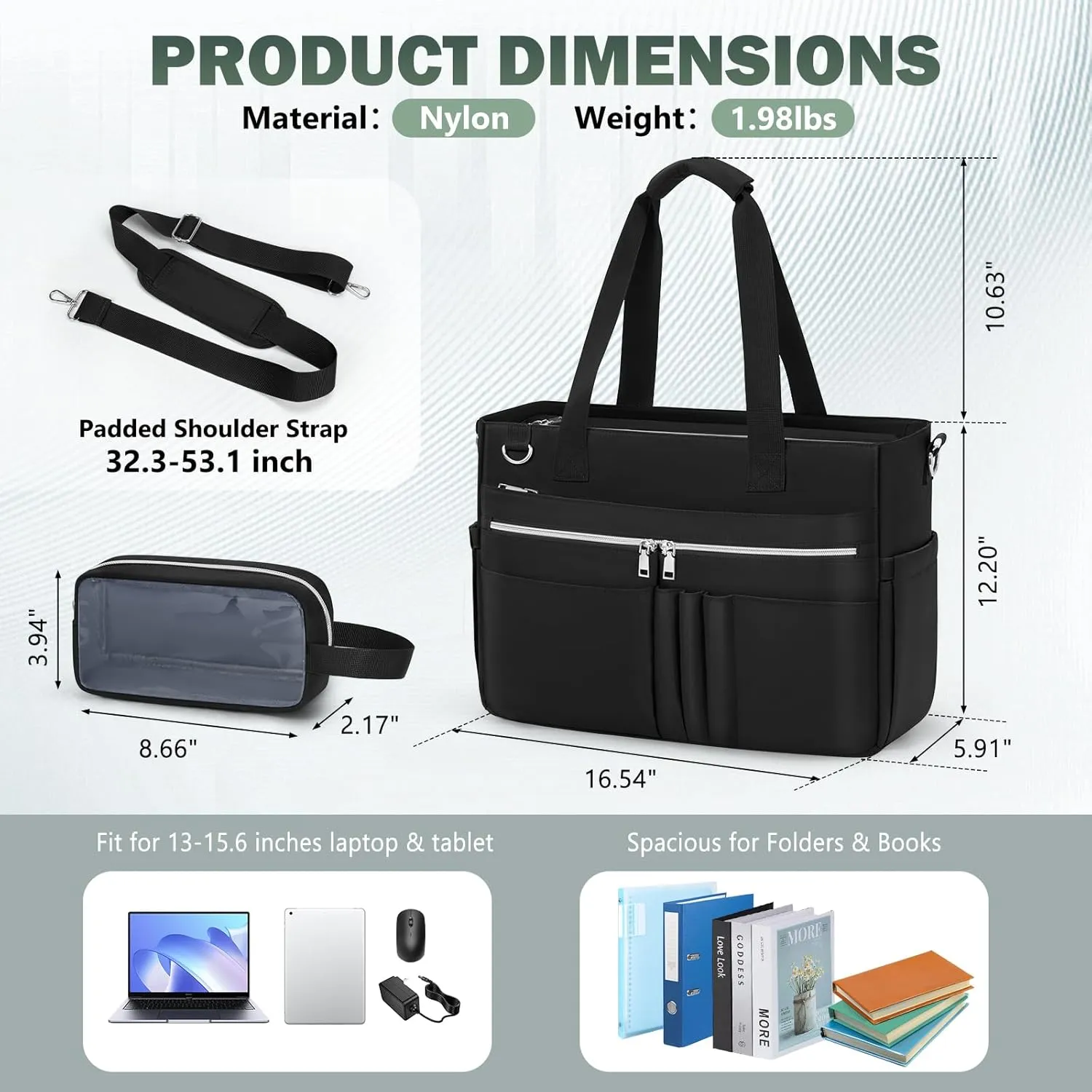 RAINSMORE Teacher Tote Bag for Women 15.6 Inch Laptop Briefcase with Clutch Bag, Nurse Bags Professional Work Handbag for Office College Nursing, Large Utility Tote Messenger Shoulder Bag, Black