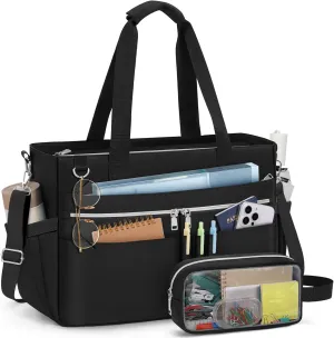 RAINSMORE Teacher Tote Bag for Women 15.6 Inch Laptop Briefcase with Clutch Bag, Nurse Bags Professional Work Handbag for Office College Nursing, Large Utility Tote Messenger Shoulder Bag, Black