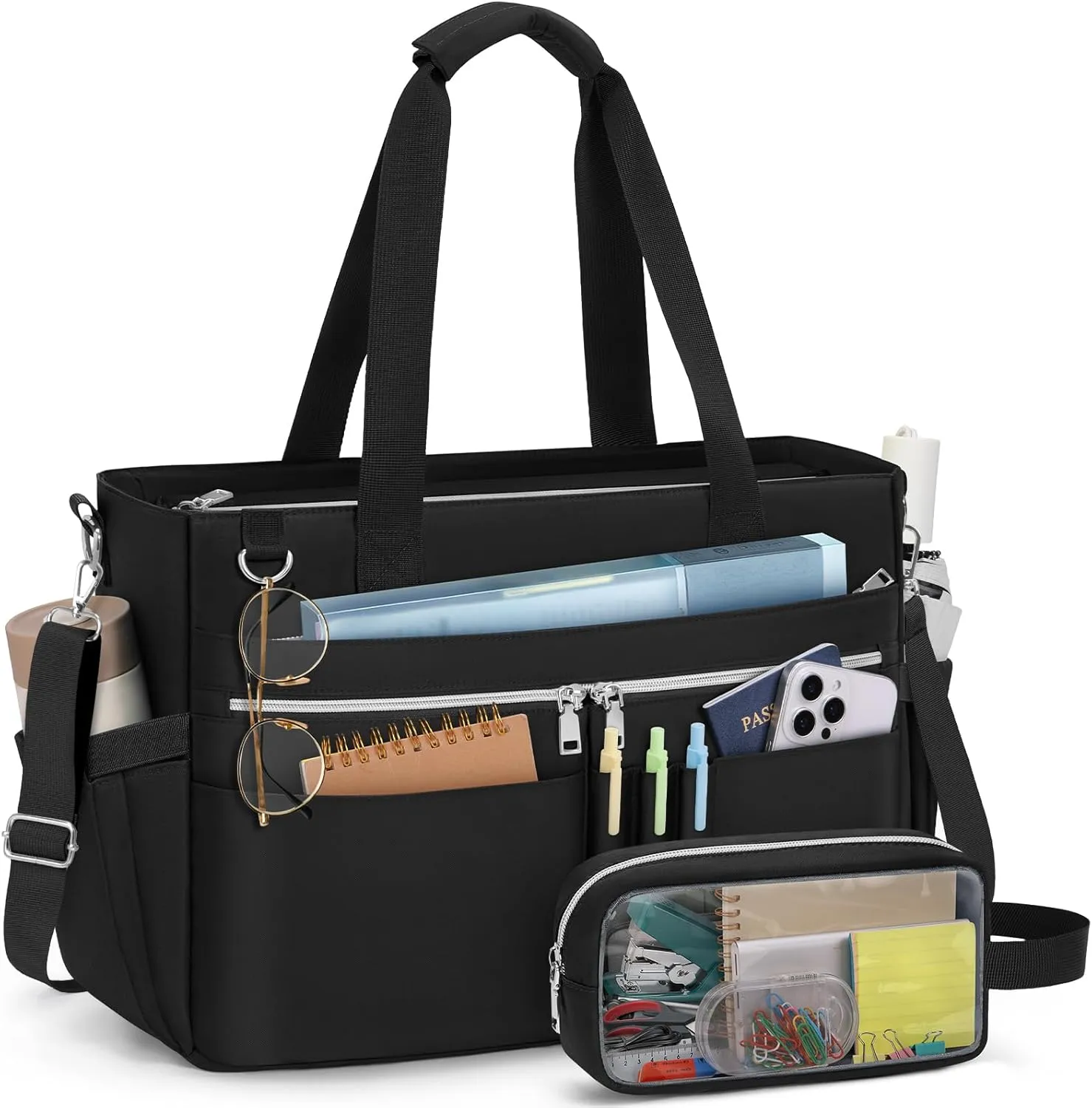 RAINSMORE Teacher Tote Bag for Women 15.6 Inch Laptop Briefcase with Clutch Bag, Nurse Bags Professional Work Handbag for Office College Nursing, Large Utility Tote Messenger Shoulder Bag, Black