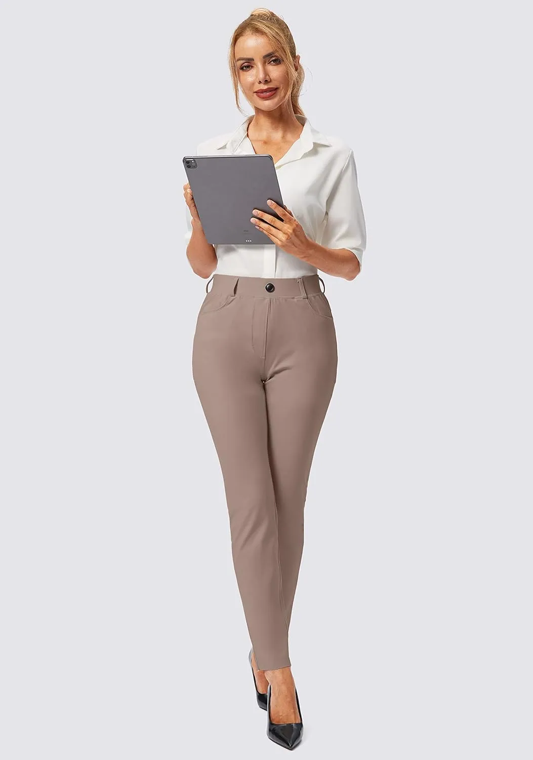 Rammus Womens Yoga Dress Pants with Pockets Stretch Work Leggings for Women Pull On Skinny Slacks for Business Office Casual