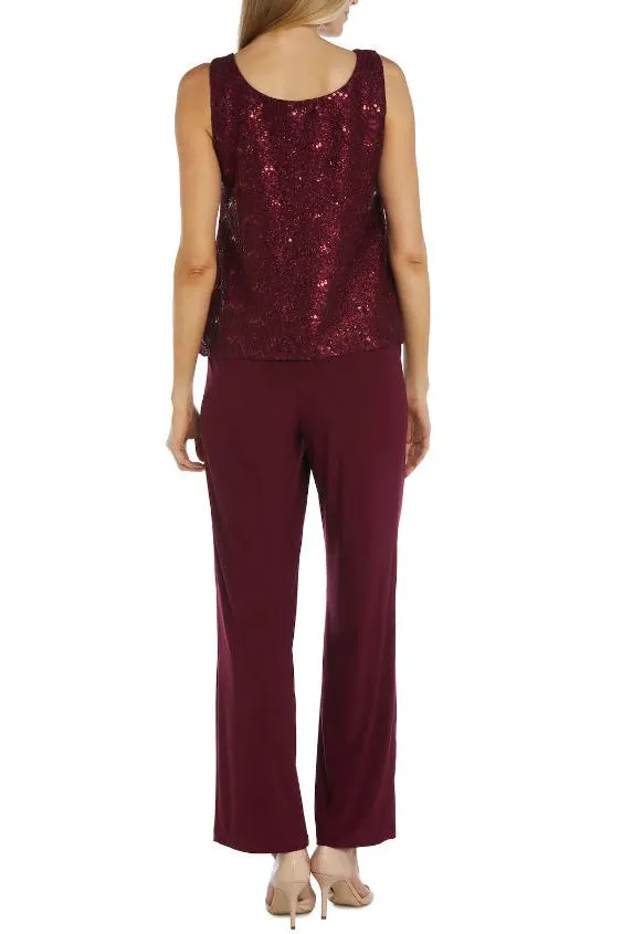 R&M Richards Metallic Lace Tank Top and Pant Set with Sheer Lace Jacket