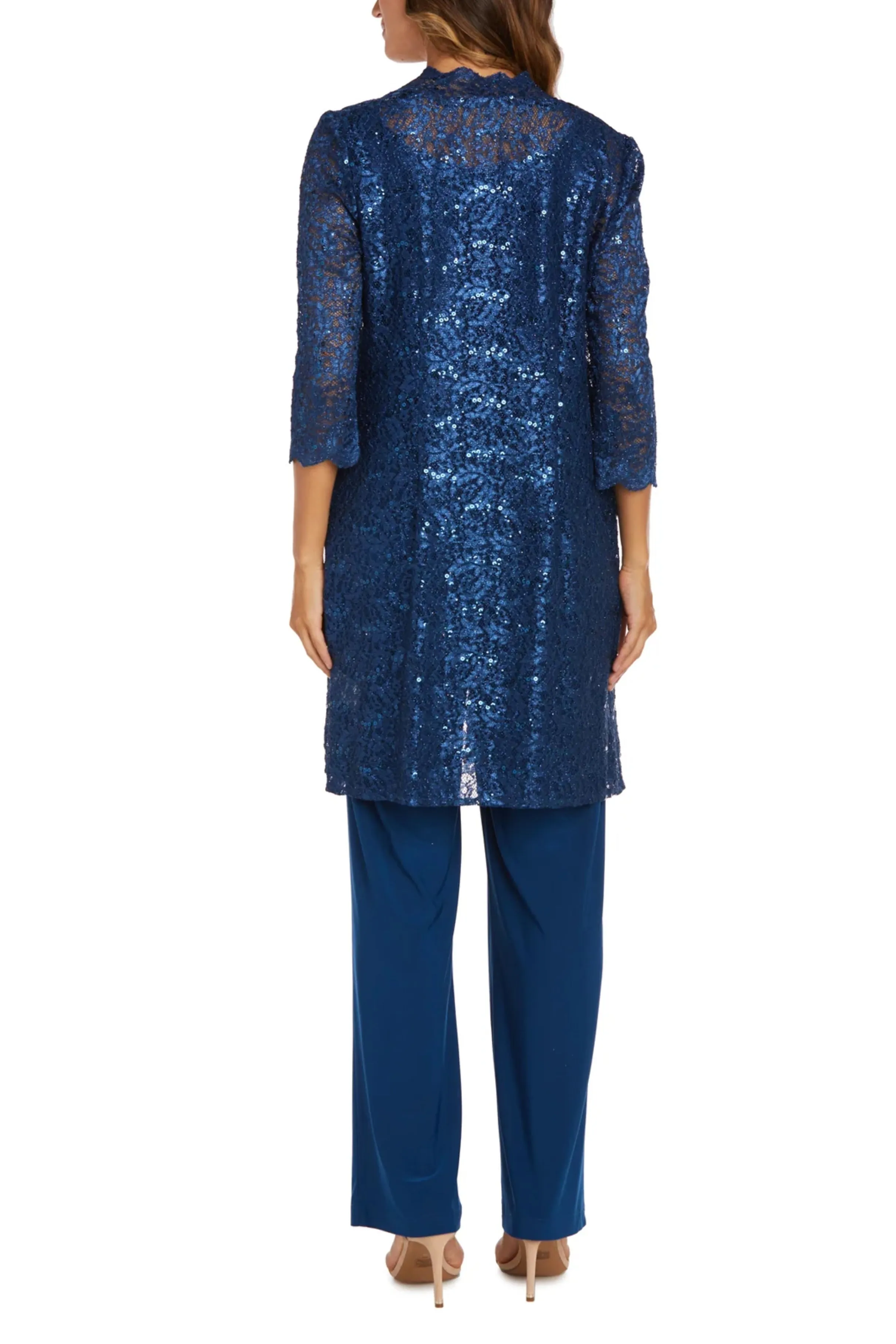 R&M Richards Metallic Lace Tank Top and Pant Set with Sheer Lace Jacket