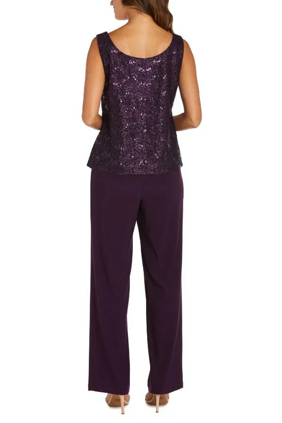 R&M Richards Metallic Lace Tank Top and Pant Set with Sheer Lace Jacket